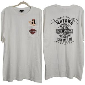Harley Davidson 2018 White Motown Detroit Michigan Tshirt Sz XL Pin Up Cotton
